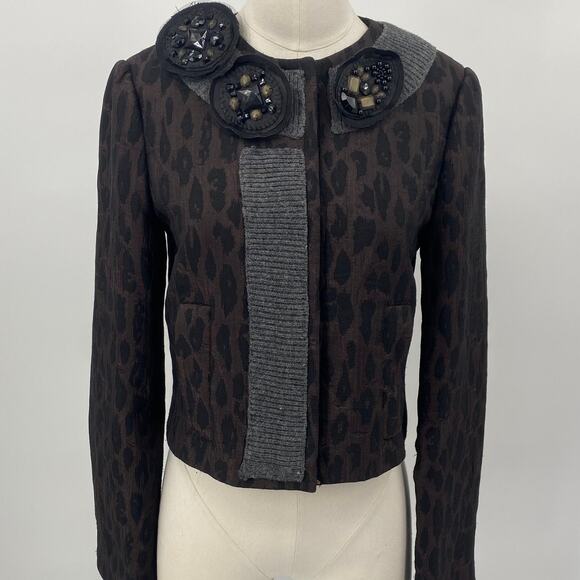 BCBGMAXAZRIA Blazer Convertible Jeweled Pins Wool Knit Trim Leopard Womens XS - Picture 2 of 15